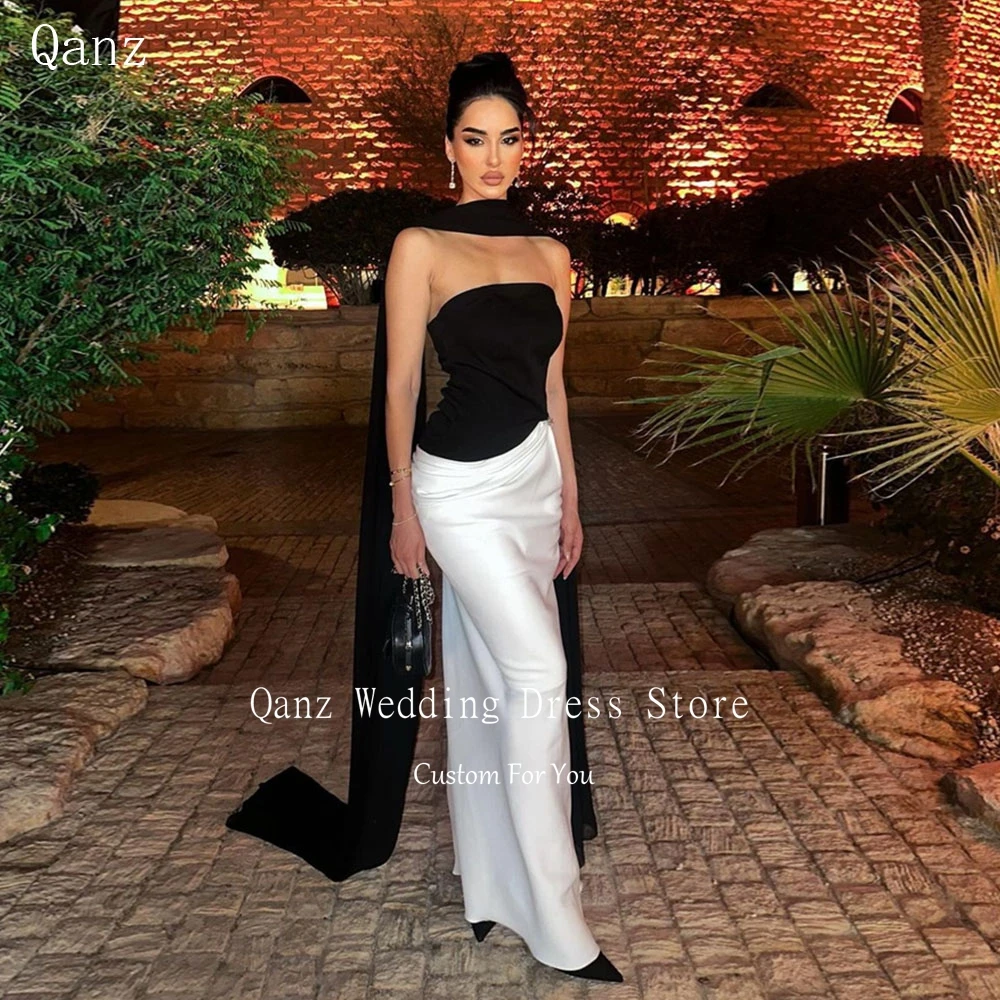 

Qanz Black White Strapless With Cape Prom Dress Long Pleated Party Gown Slim Fit Formal Evening Dress Robes De Soirée Customized
