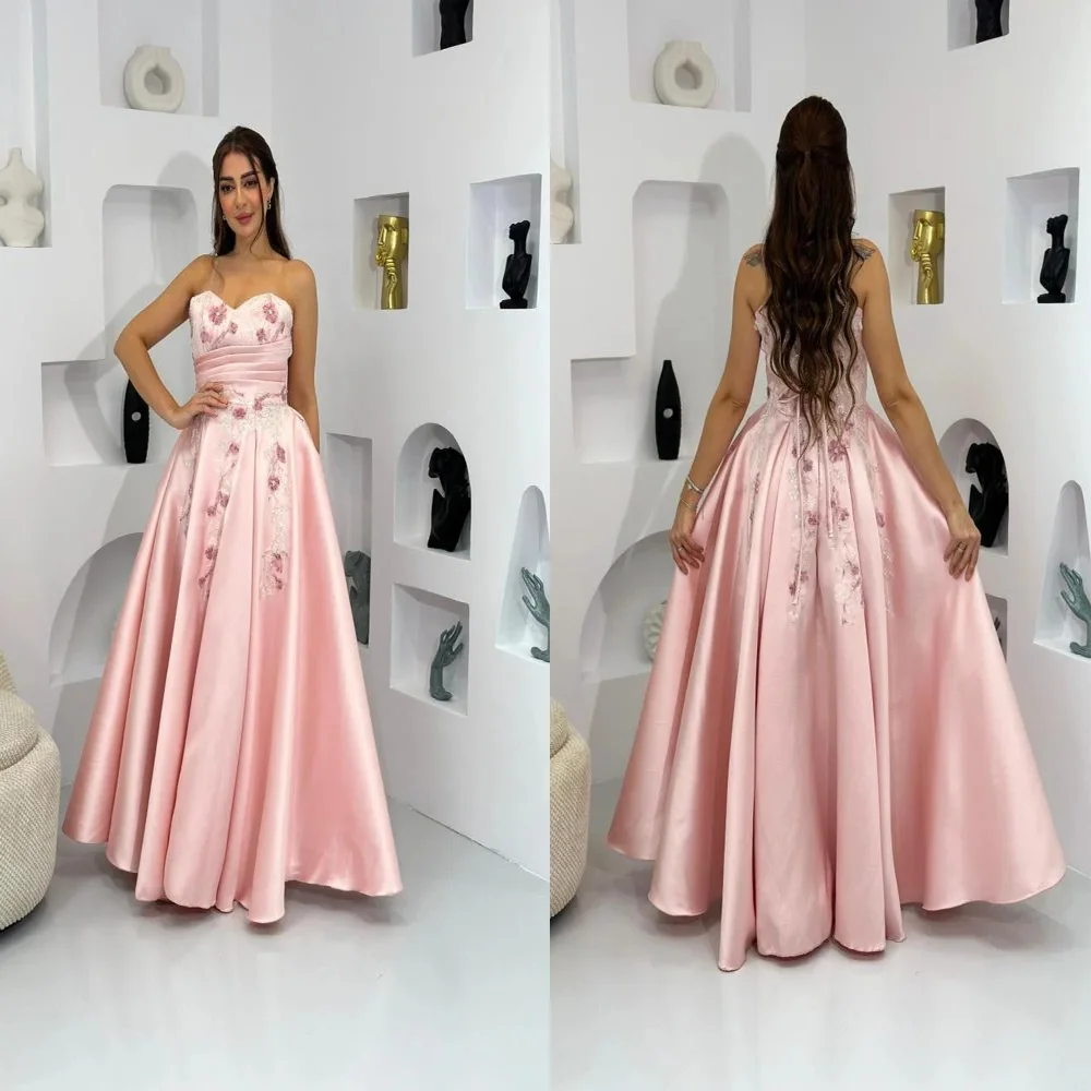 

Fantastic Sweetheart Collar Satin Pleated A-line Saudi Arab Dress Backless Long Evening Gown with Floral Embroider Customized