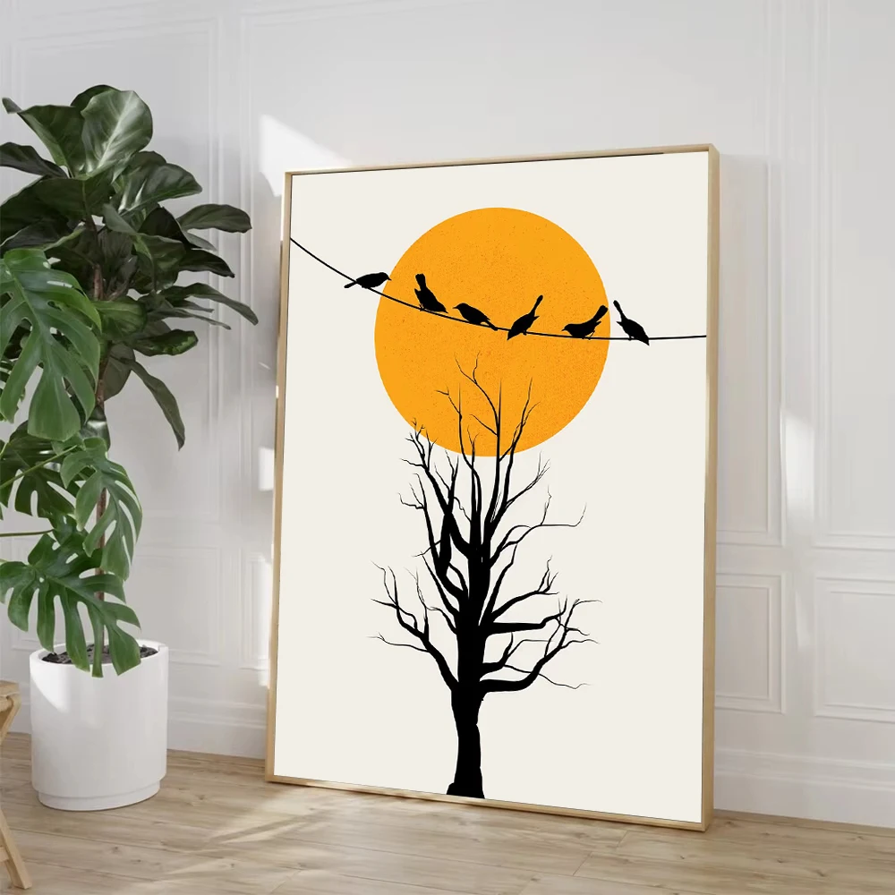 Thousands of Birds with Sun Poster Yellow Trees Canvas Painting Abstract Landscape Print Wall Art for Living Room Home Decor