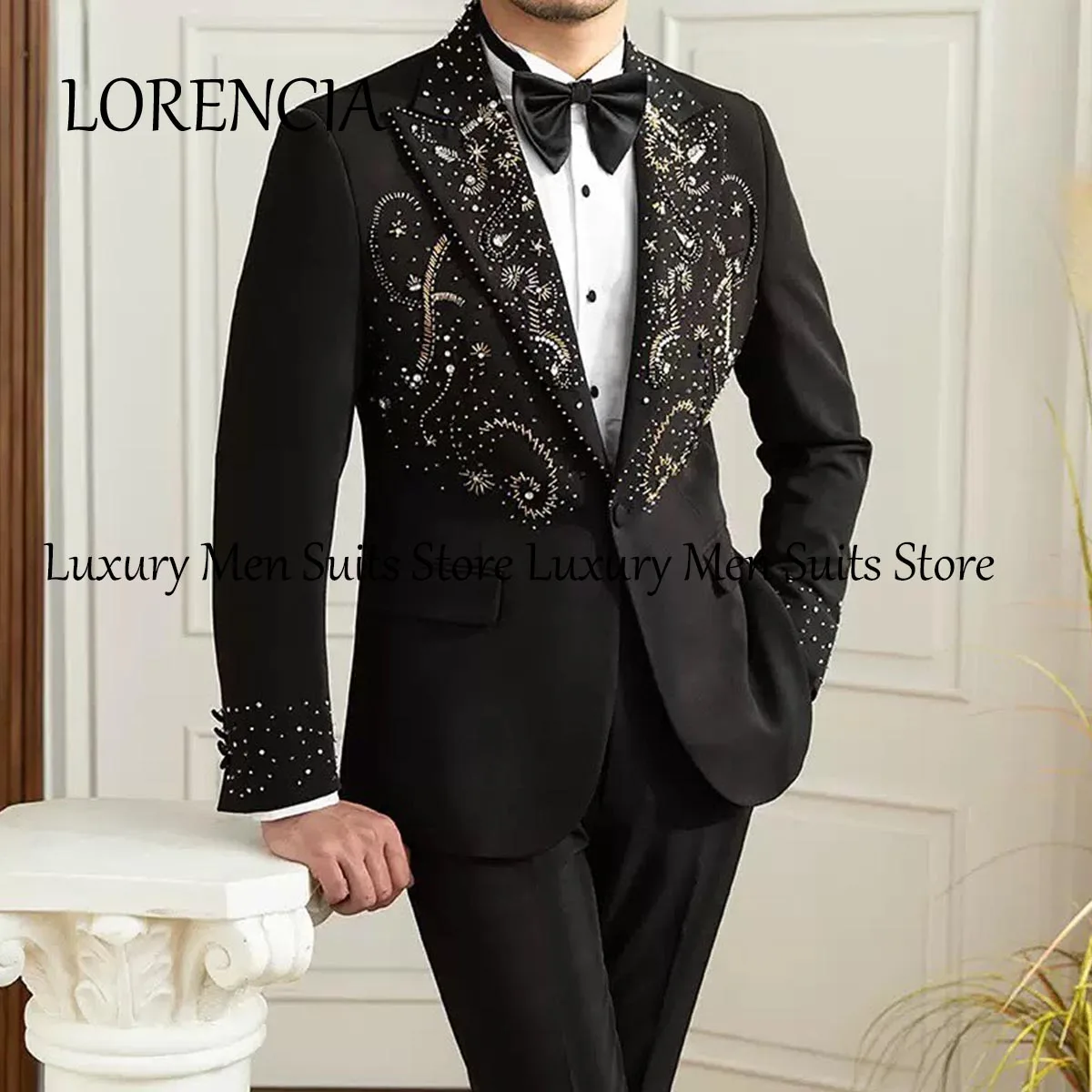 Customized Sparkly Crystals Beaded Men Suit Groom Tuxedo Customized Notched Lapel Male Prom Blazers 2 Pieces Sets Wedding