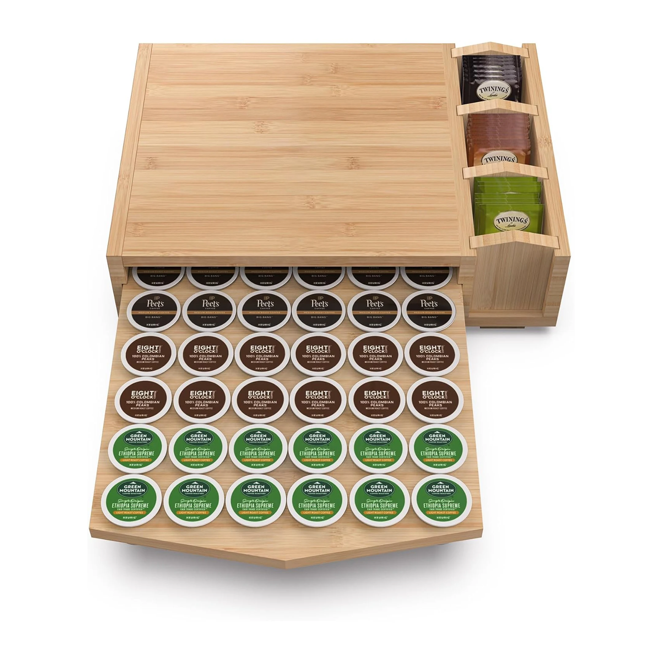 2 in 1 Premium Bamboo Coffee Pods Storage Organizer with 3 Tea Bags Compartments Compatible with 36 K-Cup Pods Storage Natural