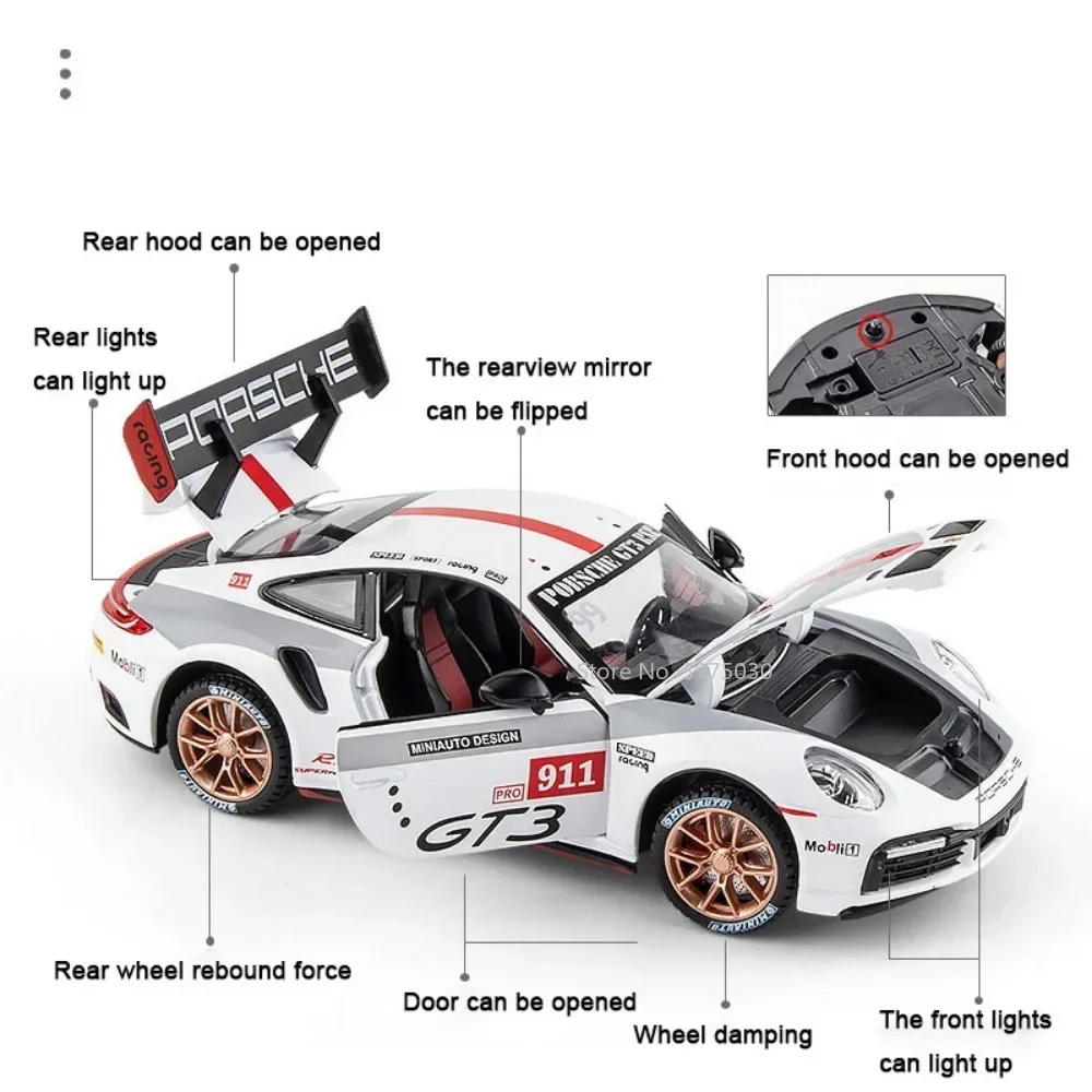 1:24 liga porsche 911 gt3 rsr carros esportivos diecast modelos em miniatura brinquedo com luz de som puxar para trás veículo meninos coleção presentes