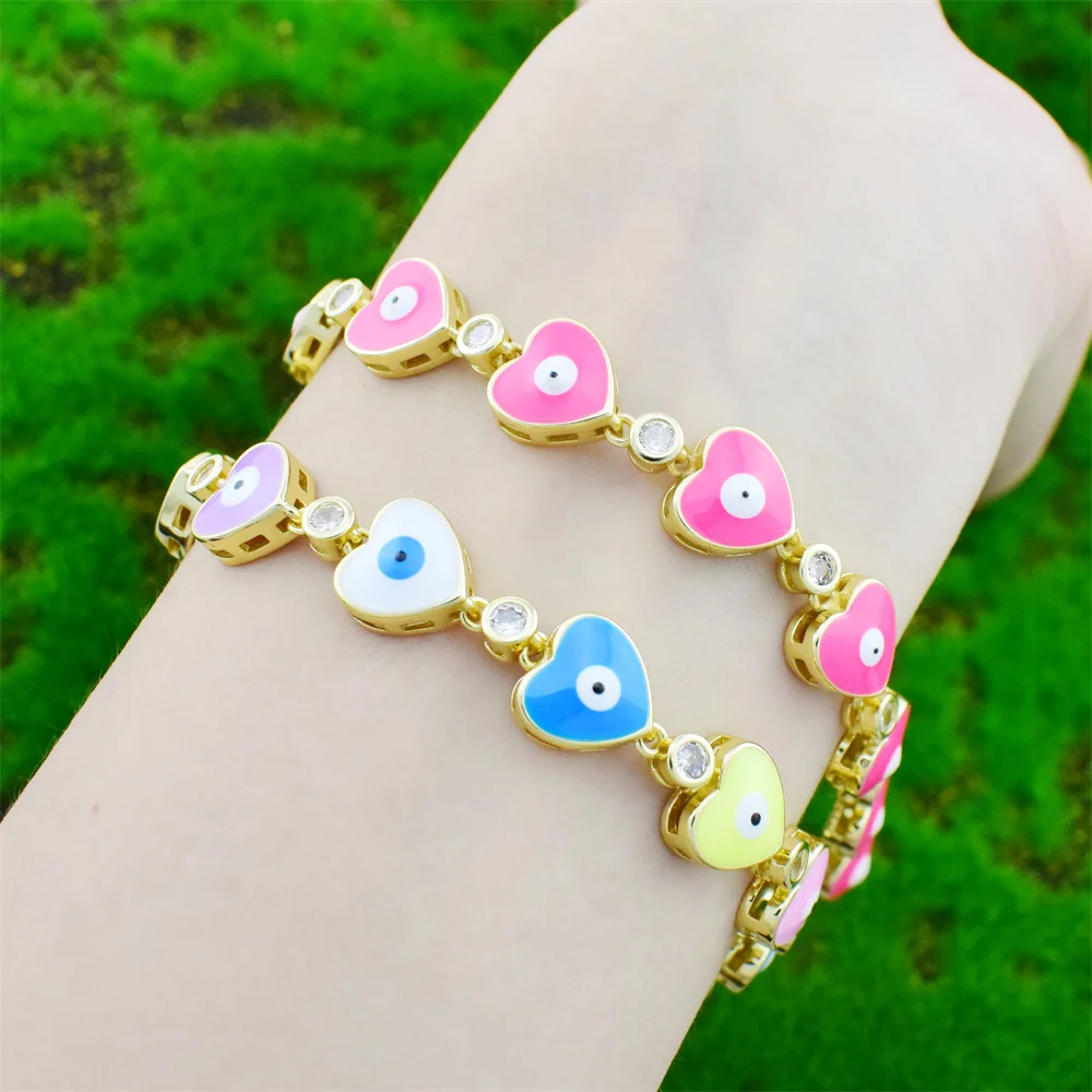 AILINFA Chain Heart Evil Eye Bracelet Ladies Cubic Zirconia Enamel Color Bracelet Gold Plated Fashion Jewelry Gift