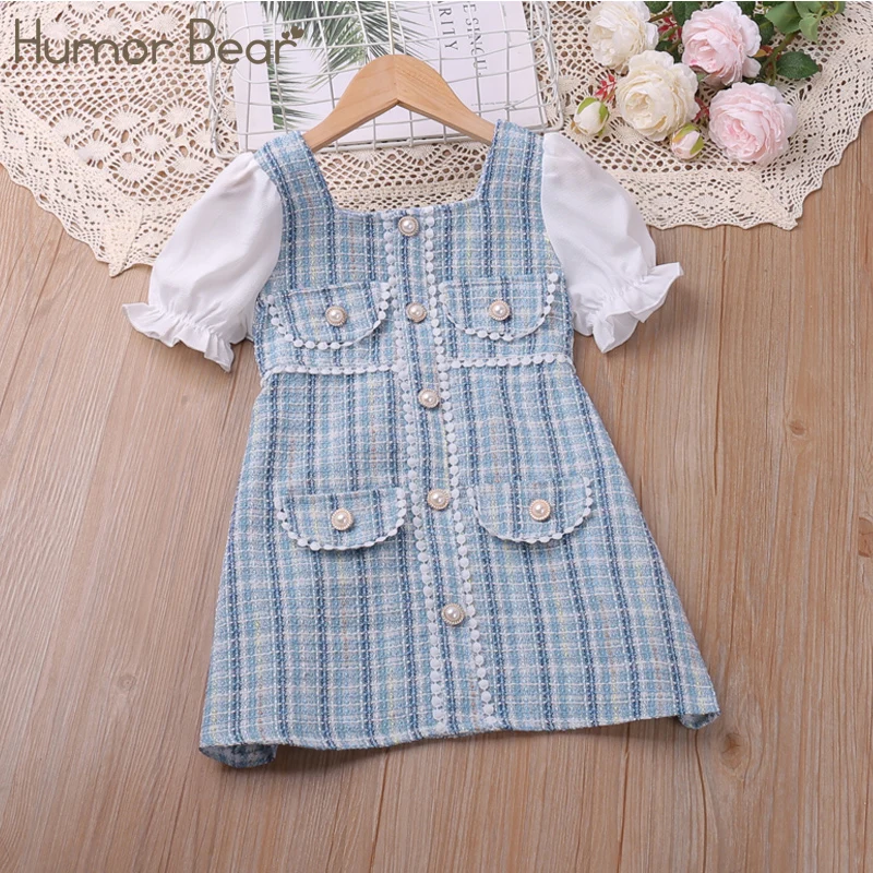 

Humor Bear Kids Clothes Checked Pearl Buckle Floral Dress Cute Princess Dress Puff Sleeves With Small Fragrance Dress