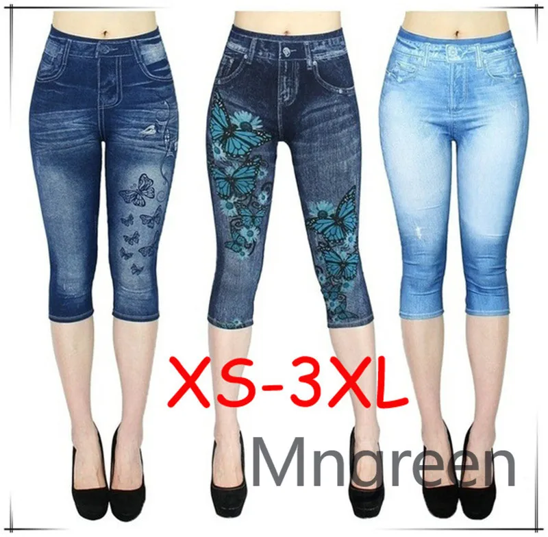 

2025 new model, e-commerce imitation denim leggings women's cropped pants, printed high-waisted women's pants