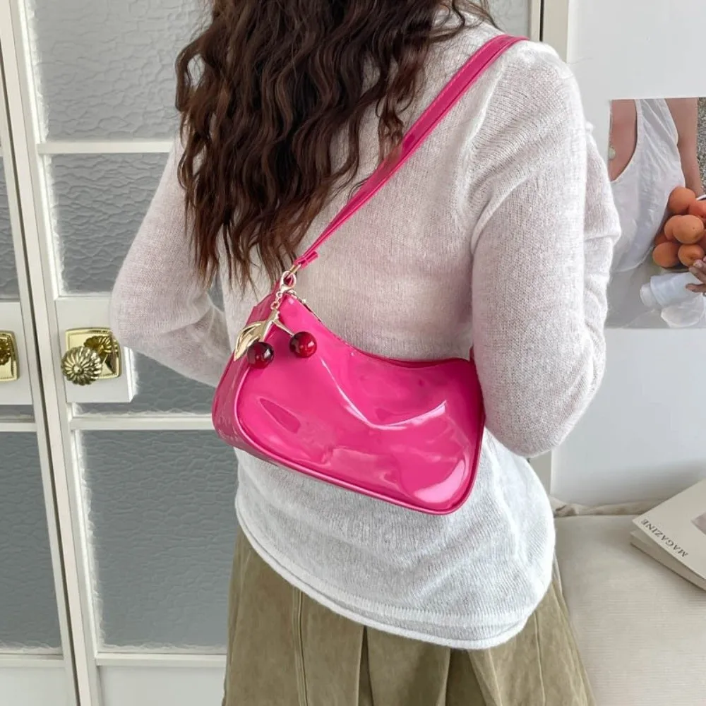 Solid Color Women Shoulder Bag PU Leather Korean Style Crossbody Bag With Cherry Pendant Handbag Underarm Purse Daily