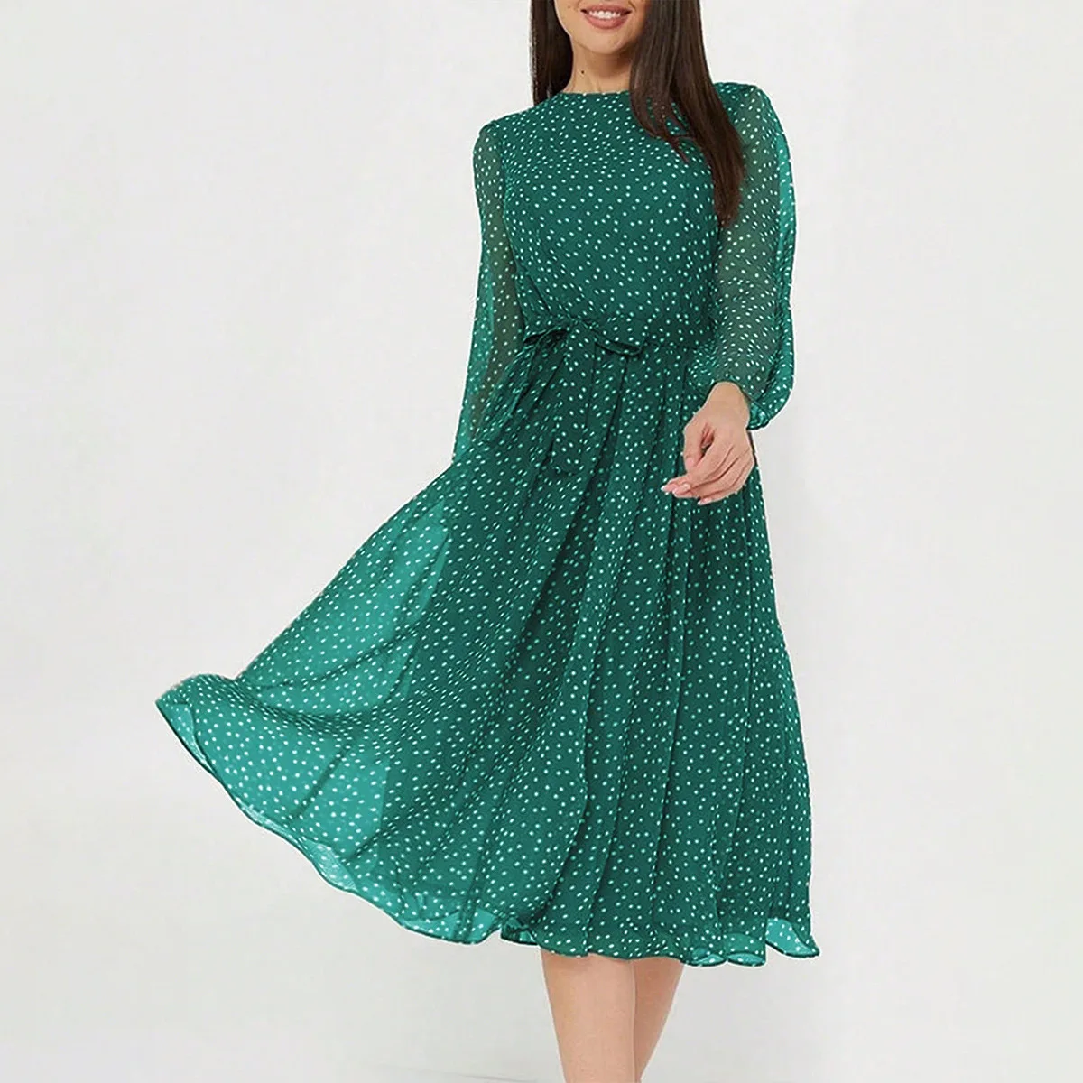 

Print Dot Dress Women Casual Long Sleeve Round Neck Midi Dresses Lace Up Vocation Elegant Vestidos Summer 2025 Y2k Streetwear