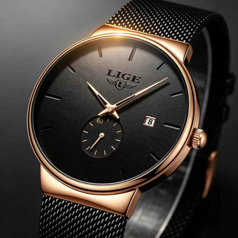 LIGE Mens Watch Fashion Rose Gold Timing Small Dial Original Quartz Movement Stainless Steel Casual Sports Men Watches