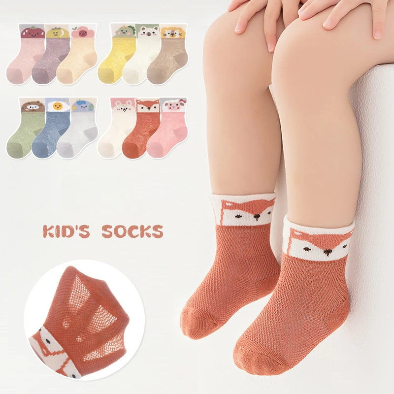 

3 Pairs of Spring and Summer Zero Thread Breathable Baby Socks Baby Cartoon Sock High Ribbed Ultra-thin Mesh Sock BabyGirl Socks