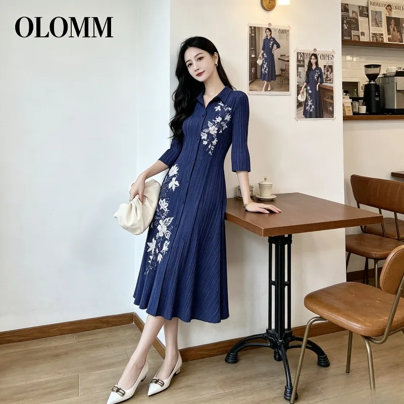 Miyake Pleated 2026 New Suit Collar Plus Size Three-Quarter Sleeve Buttoned Printed Large Hem Slimming Printed Pleated Dress
