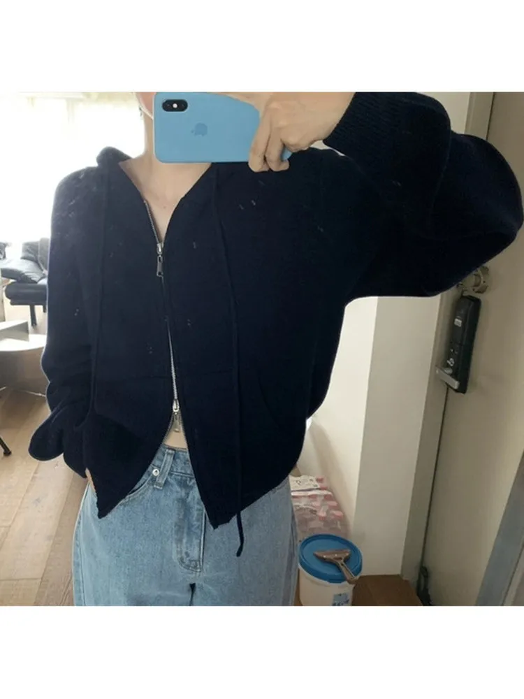 

Qui very! Autumn Dongdaemun Hooded Knitted Open Cardigan Women's ort Loose Slimming Casual Versatile Zipper Jaet