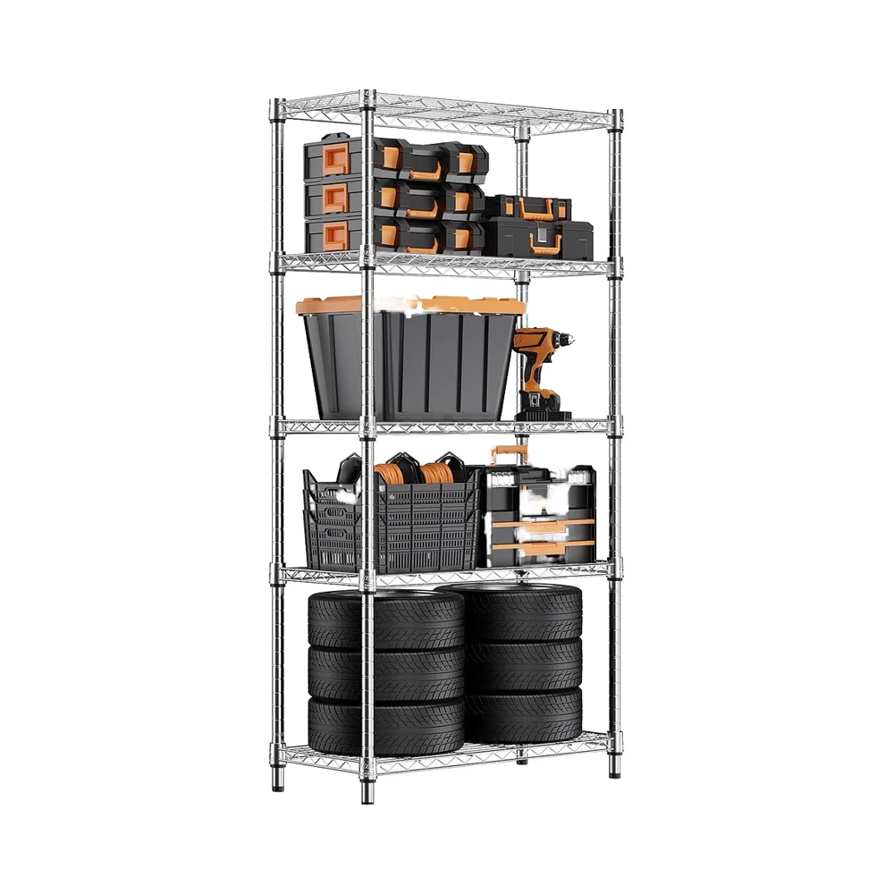 

Сверхмощная стальная 5-уровневая проволочная полка 1250 фунтов, хромированная стойка-органайзер для дома, кухни, офиса, 5-слойная стойка для хранения инструментов