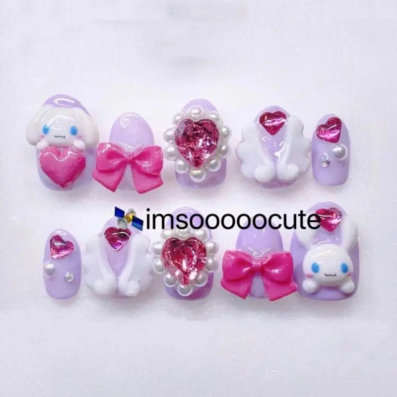 Sanrios Pom Pom Pom Purin Cinnamoroll Pingente de amor minha melodia, Patch de unhas rosa tridimensional, Kawaii original, 9 estilos