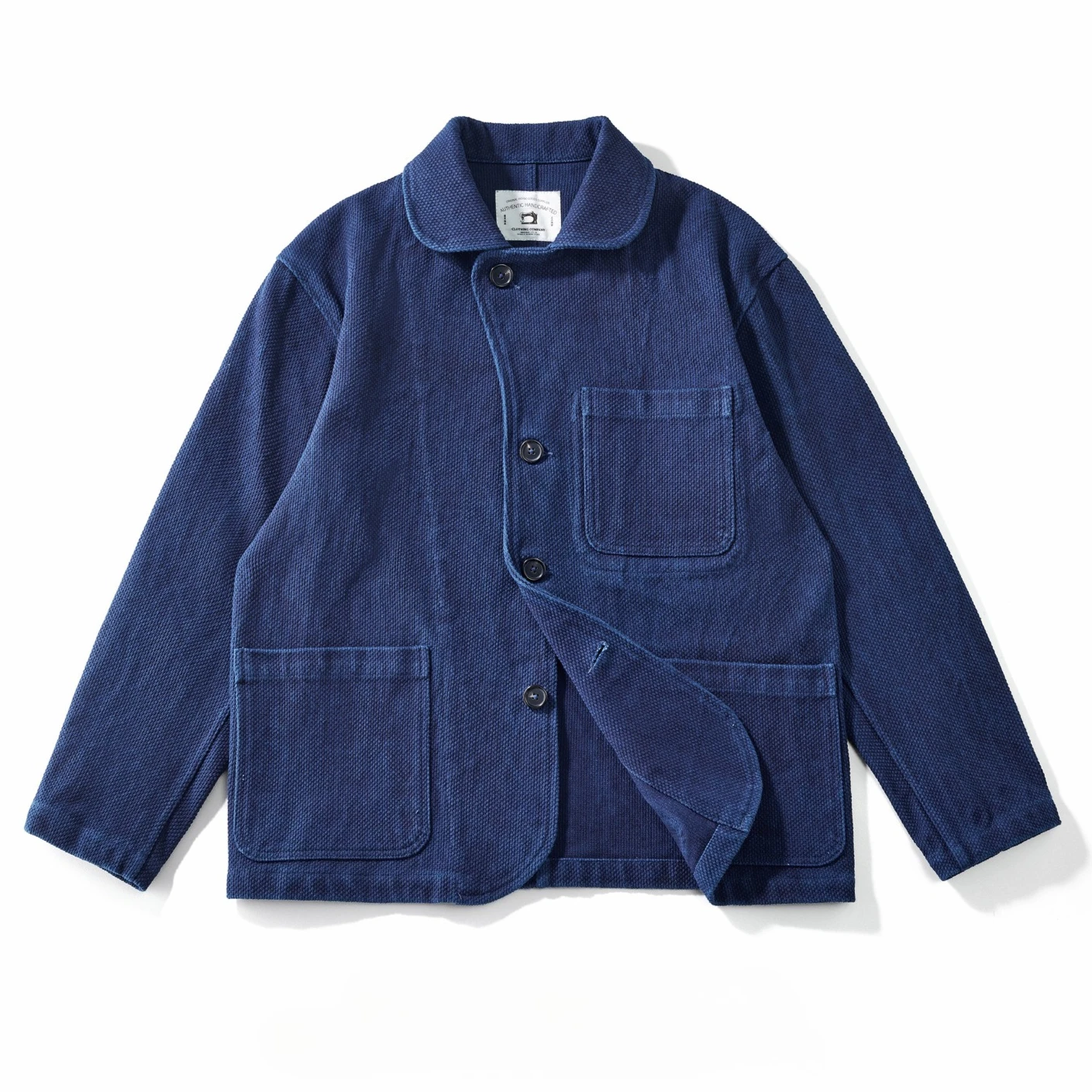 Japanese Vintage Sashiko Stitch Indigo Blue Workwear Jacket for Men Lapel Collar Multi Pockets Casual Button Up Outdoor Coat