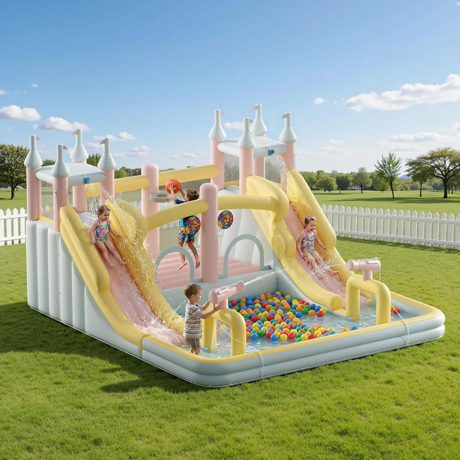 Inflatable Bounce House 177x163x94 Inch Outdoor Indoor Jumper with Water Slide Jumping Area Climbing Wall And Splash Pool