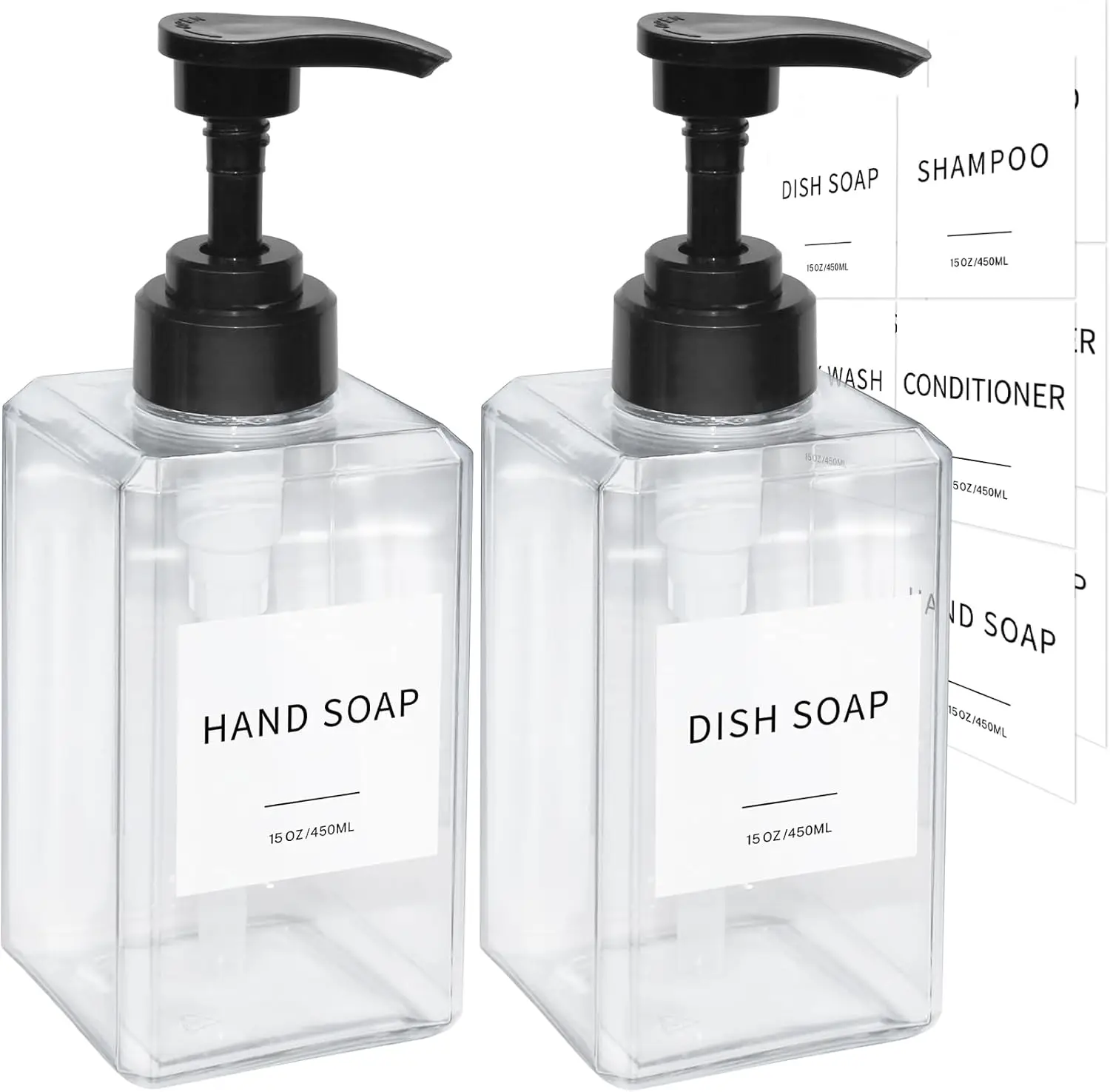 

Thickened Plastic Soap Dispenser with Waterproof Labels for Bathroom Kitchen, 15oz 2Pack Clear with Funnel