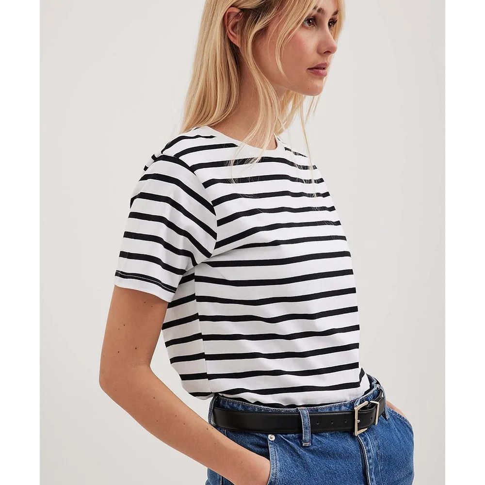 Women's Summer Black White Striped Round Neck Loose T-shirt Basic Casual Tee Streetwear Top