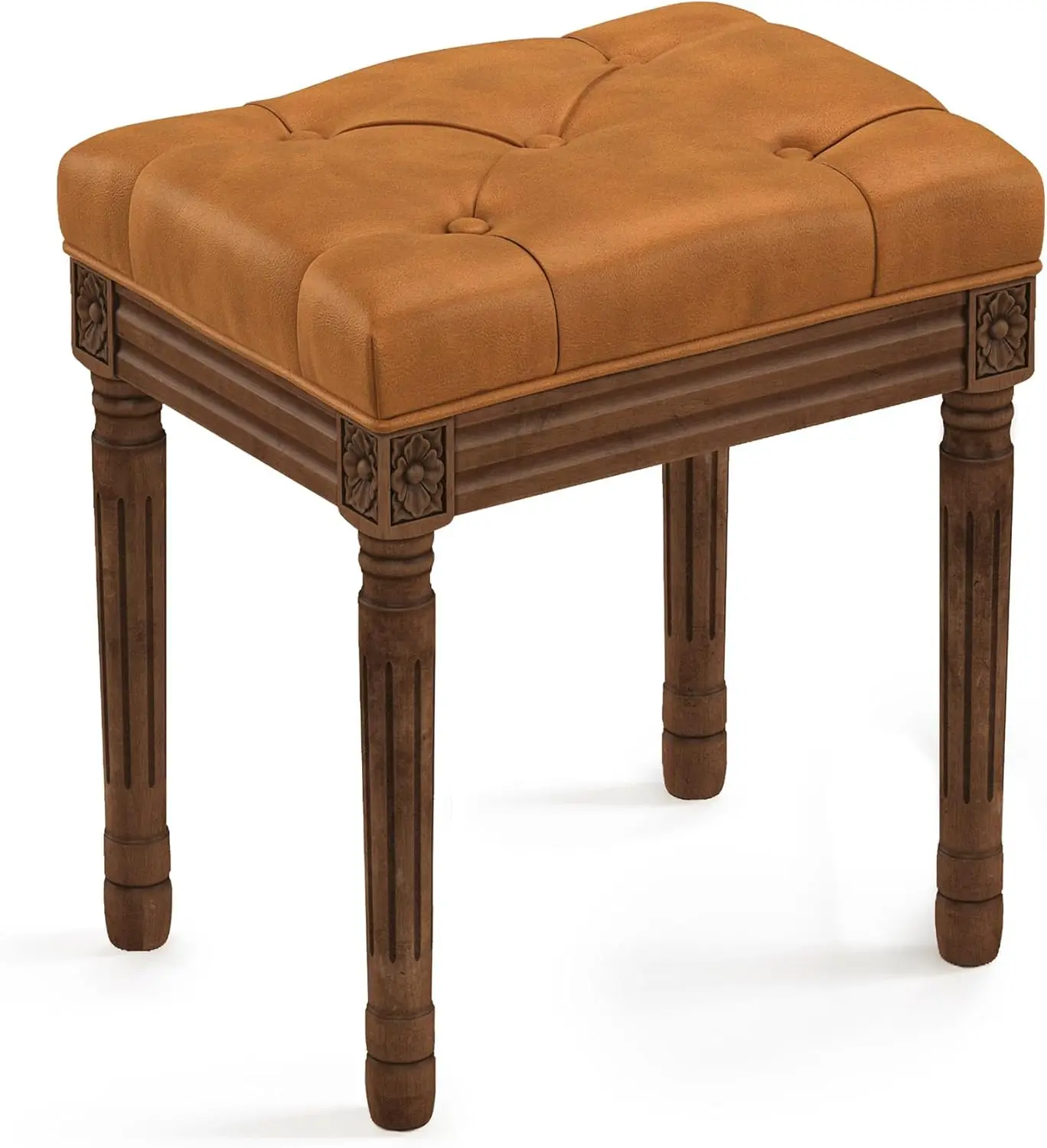 

Мягкая тканевая банкетка для туалетного столика, квадратный пуф с каретной стяжкой и резными темно-коричневыми ножками для спальни и гостиной, цвет виски-коричневый