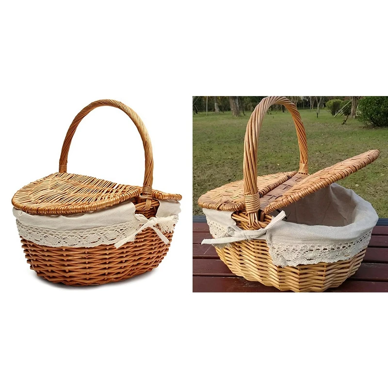 Picnic Basket Hand Made Wicker Bags Camping Storage Hamper With Lid Picnic Food Basket Woven Fruit Storage Basket