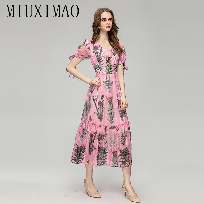 

MIUXIMAO 2023 Fall Dress Short sleeve Flower Print Diamonds Elegant Casual Ruffles Long Dress Women Vestidos Beach Dresses