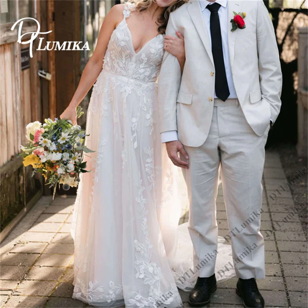 

DTLumika Floral Lace Tulle Wedding Dress Elegant Plunge V Neck A Line Beach Bride Dresses Court Train Customized Bridal Gown