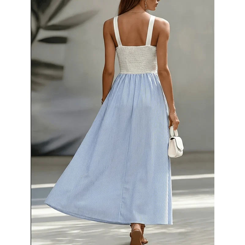 Minimalist Light Luxury Color-Block Patchwork Dress, Deep V Sleeveless Waist-Cinching Blue White Vertical Stripe Flared Long Dre
