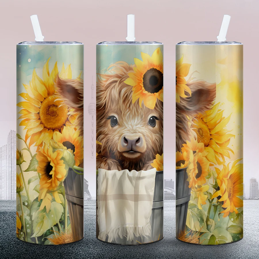 1pc 20oz Sunflower And Cow Sublimation Stainless Steel Water Tumblers With Lid&Straw Insulated Straight Cups Gift For Friend