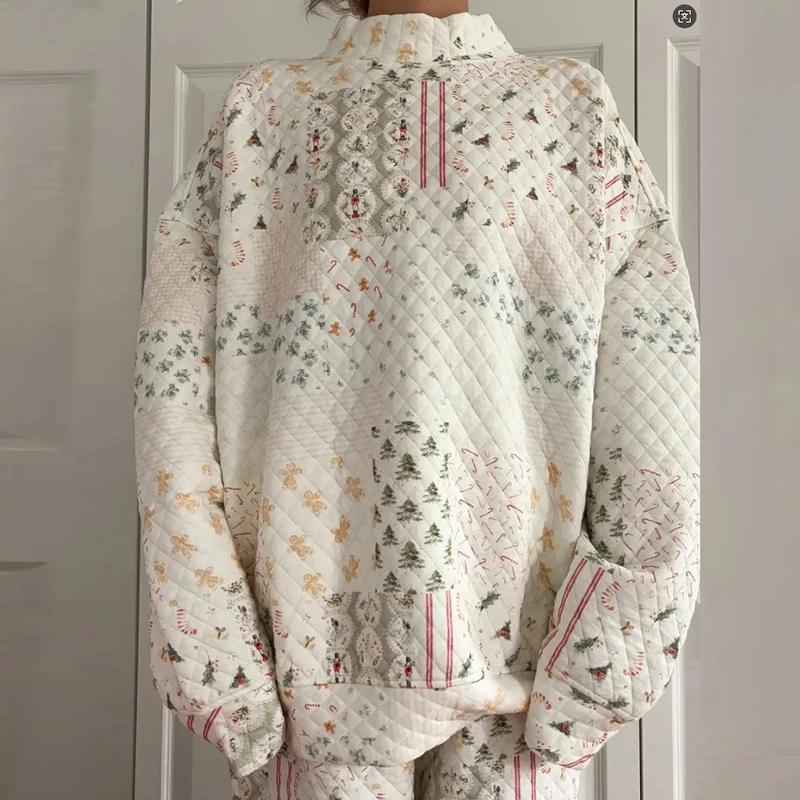 우아한 크리스마스 프린트 루즈핏 투피스 세트 가을 겨울 캐주얼 스포츠 의상 패션 하프 하이 칼라 풀오버 탑 & 숏 팬츠 세트