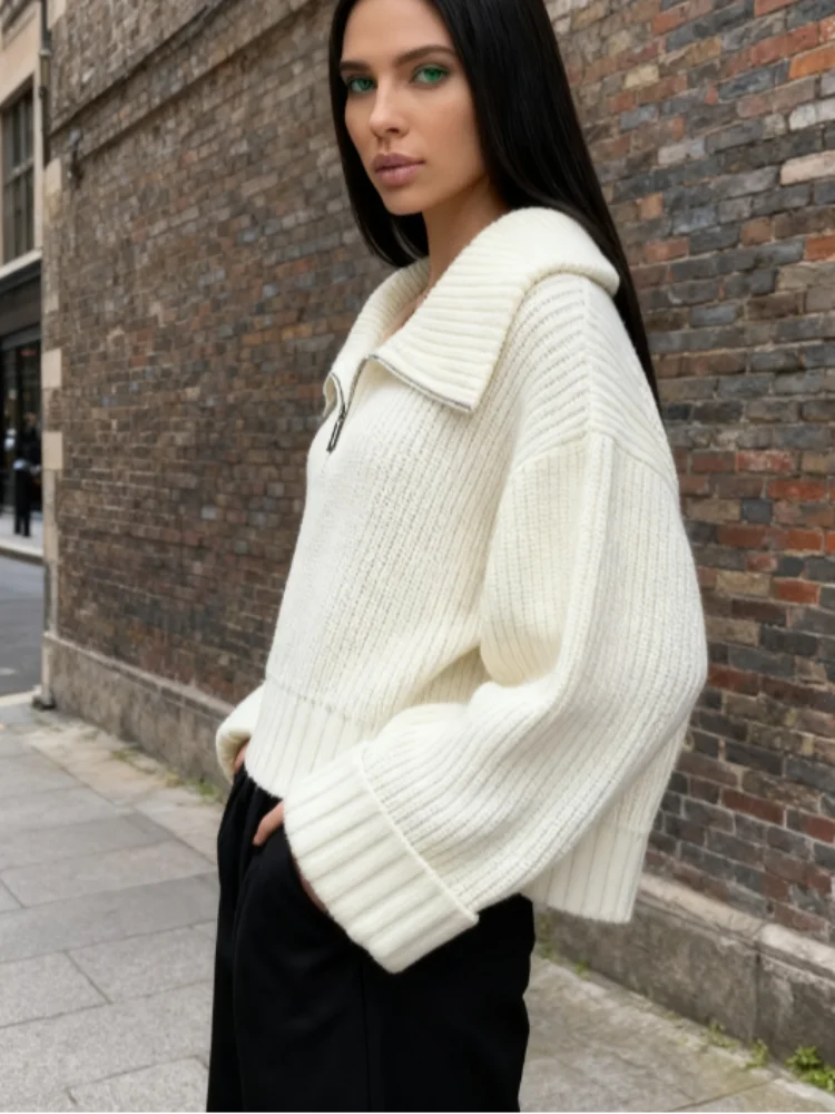

Женский однотонный вязаный свитер в рубчик с полумолнией и воротником большого размера, свободный топ с длинными рукавами, осень 202, женская повседневная нежная одежда