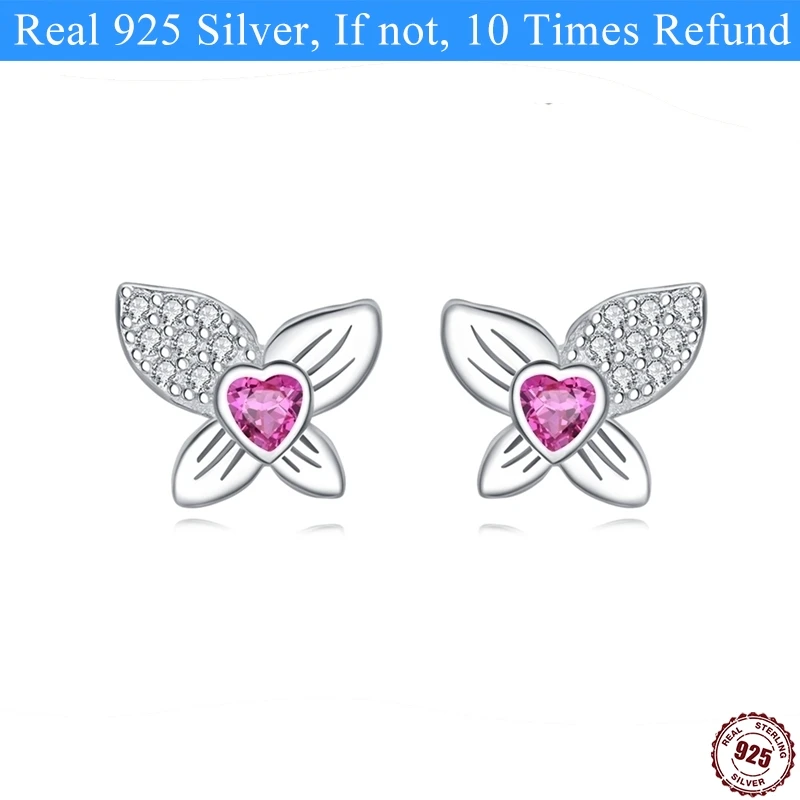 Real S925 Sterling Silver Butterfly flowers charms Inlay zircon stud Earrings for Women Girl Creativity Gifts party Jewelry