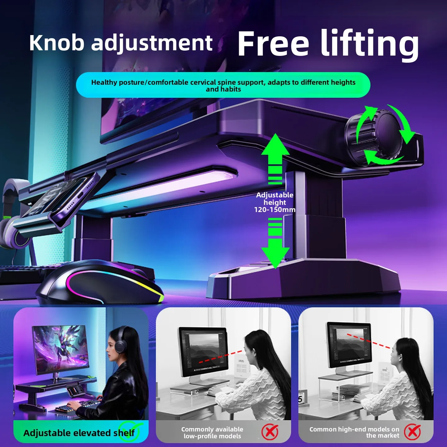 RGB Monitor Riser with Adjustable Height and Phone Holder Black Desktop Screen Stand for Gaming Setups or Home Office Work