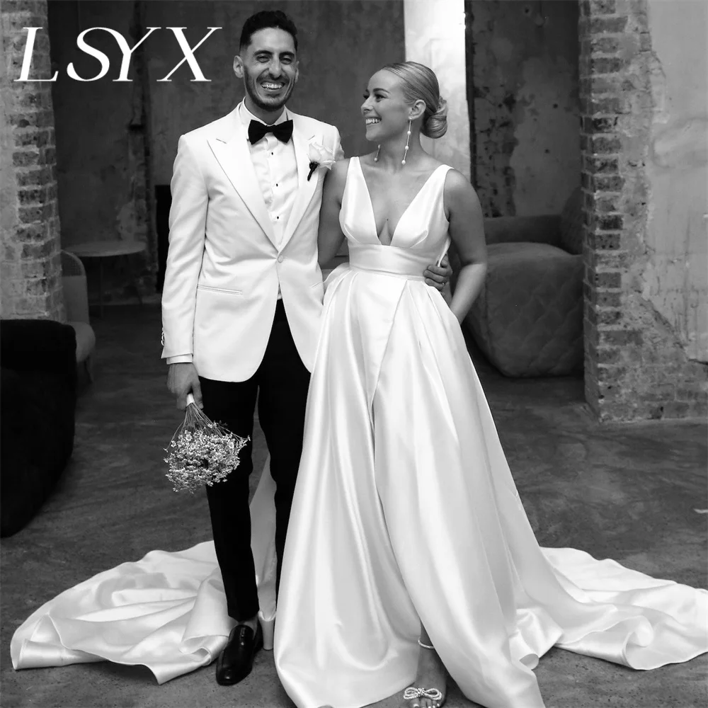 LSYX-Robe de mariée en fibre de satin à col en V profond, nœud simple, fermeture à glissière au dos, ligne A, longueur au sol, robe de patients, sur mesure