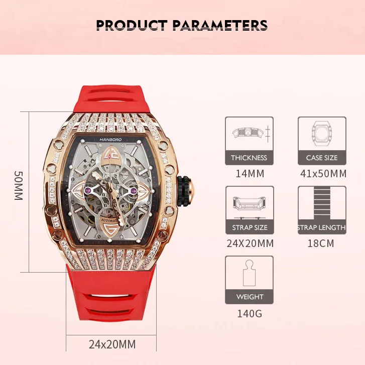 HANBORO ساعات أوتوماتيكية للرجال ساعة فاخرة ساعة يد ميكانيكية مضيئة مقاومة للماء حافظة تونيو هيكل عظمي كريستال