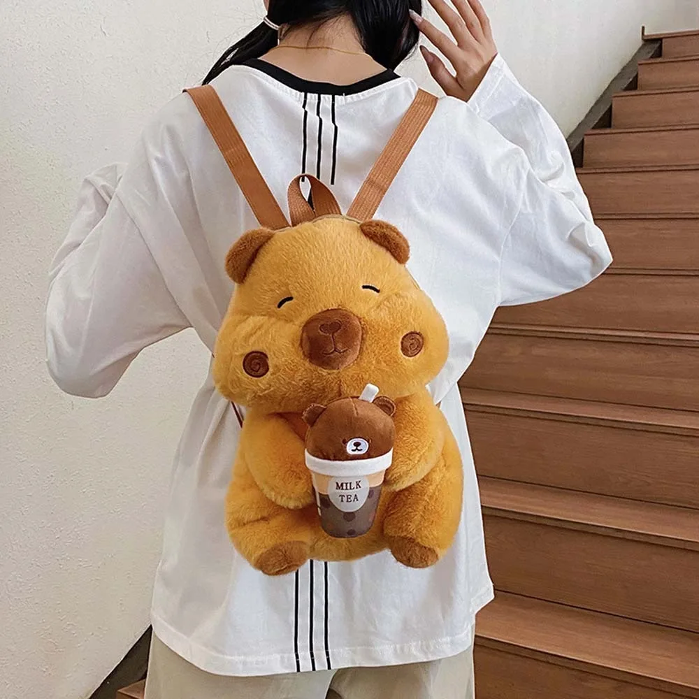 

Creative Cute Capybara Plush Backpack Bear Milk Tea Cup Brown Doll Bag Soft Adjustable Straps Cartoon Daypack Daily