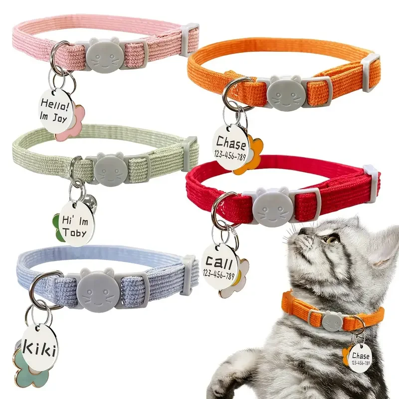 Collier personnalisé pour animaux de compagnie avec plaque nominative, breloque fleur en velours côtelé réglable, étiquette d'identification pour chat, collier de sécurité détachable pour petits chiens, chiots et chatons