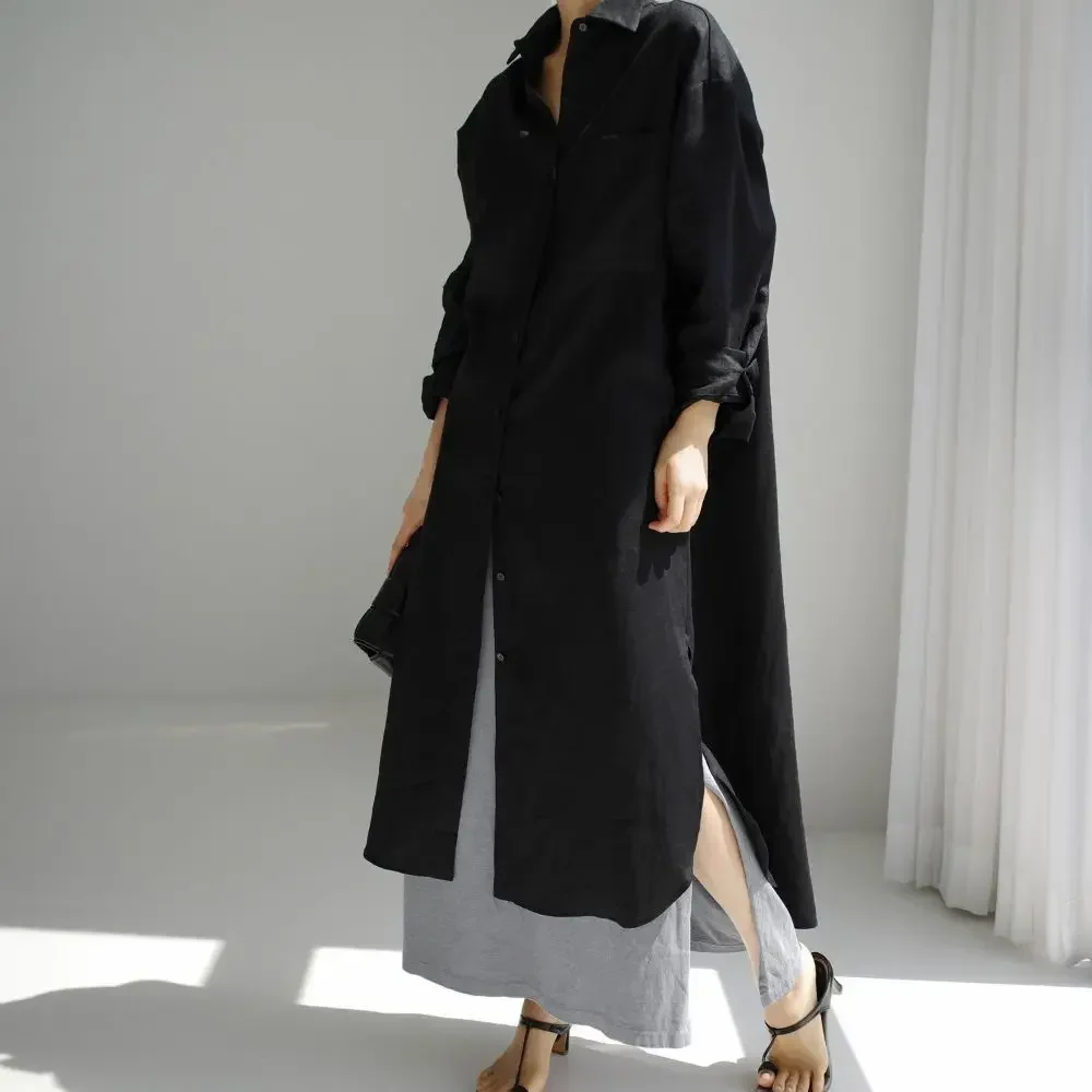 Women's Spring/autumn New Fashion Loose Shirt Dress Over The Knee Long Outside with Cotton Linen Shirt Solid Color Split Dress