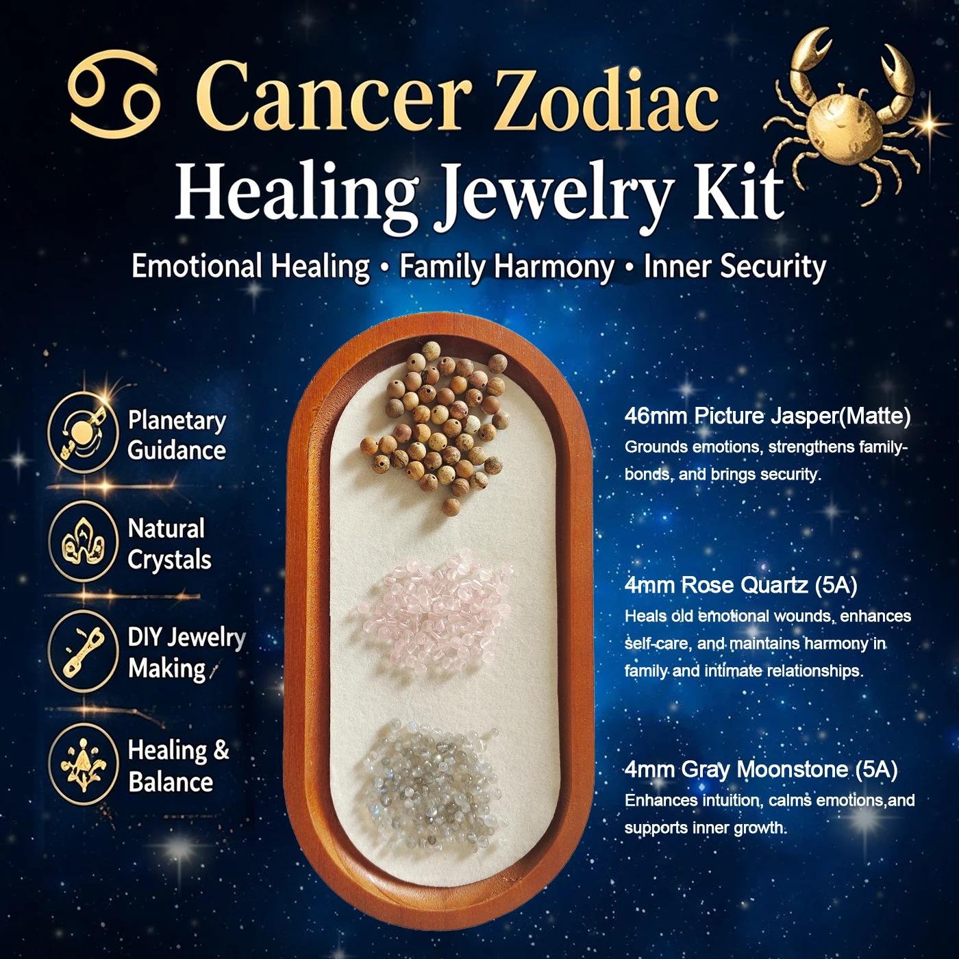 

2026 Cancer Zodiac Healing Crystal DIY Jewelry Kit Astrological Energy Set Natural Gray Moonstone Rose Quartz Making Supplies