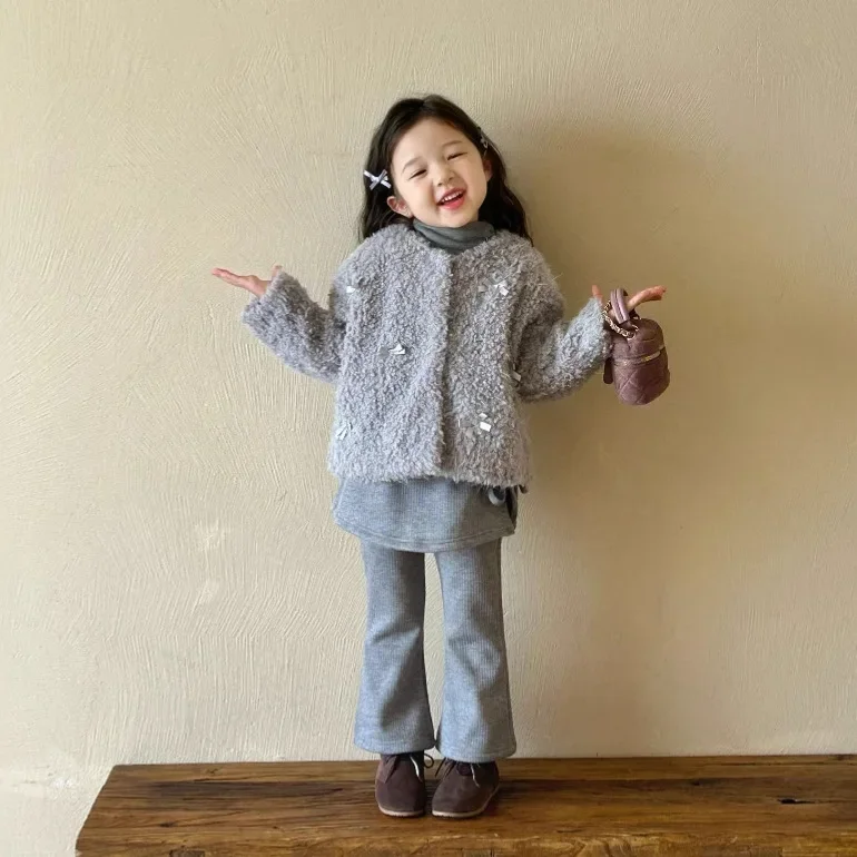 Girls Suit 2024 Winter New Childrens Wear Korean Style Baby Girl Hair Hair Dress Fart Curtain Pants Two-piece Set Casual Simple