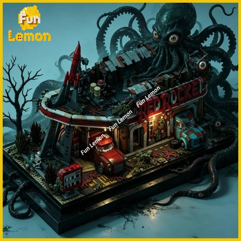 

Post-Apocalyptic Fuel Depot MOC Bricks Wasteland Abandoned Gas Station Model Building Blocks