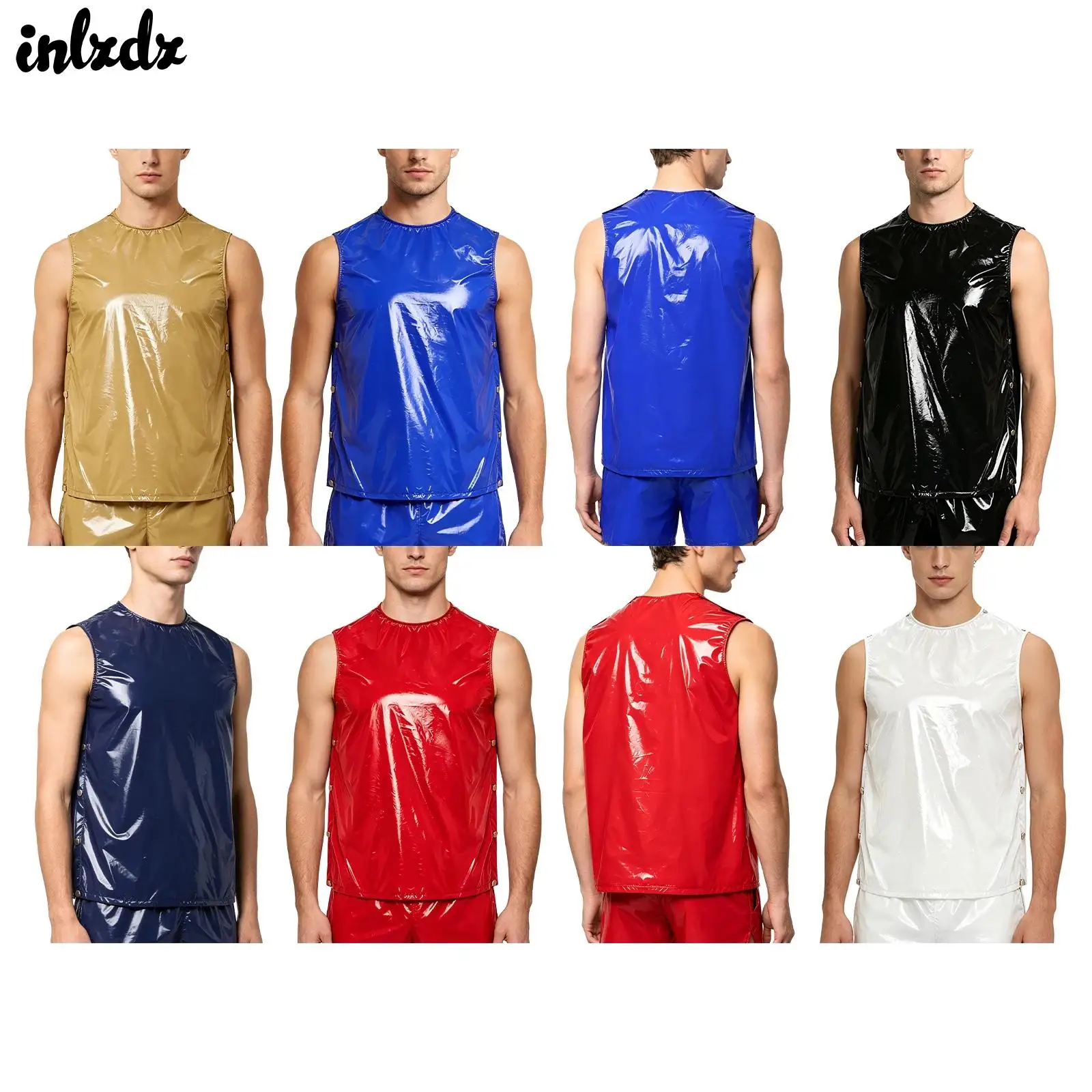 Mens Wet Look Tank Top Waterproof PVC Sleeveless Vest with Metal Buttons Vinyl Gymnastics Press Buttons Vest Wet Look Clubwear
