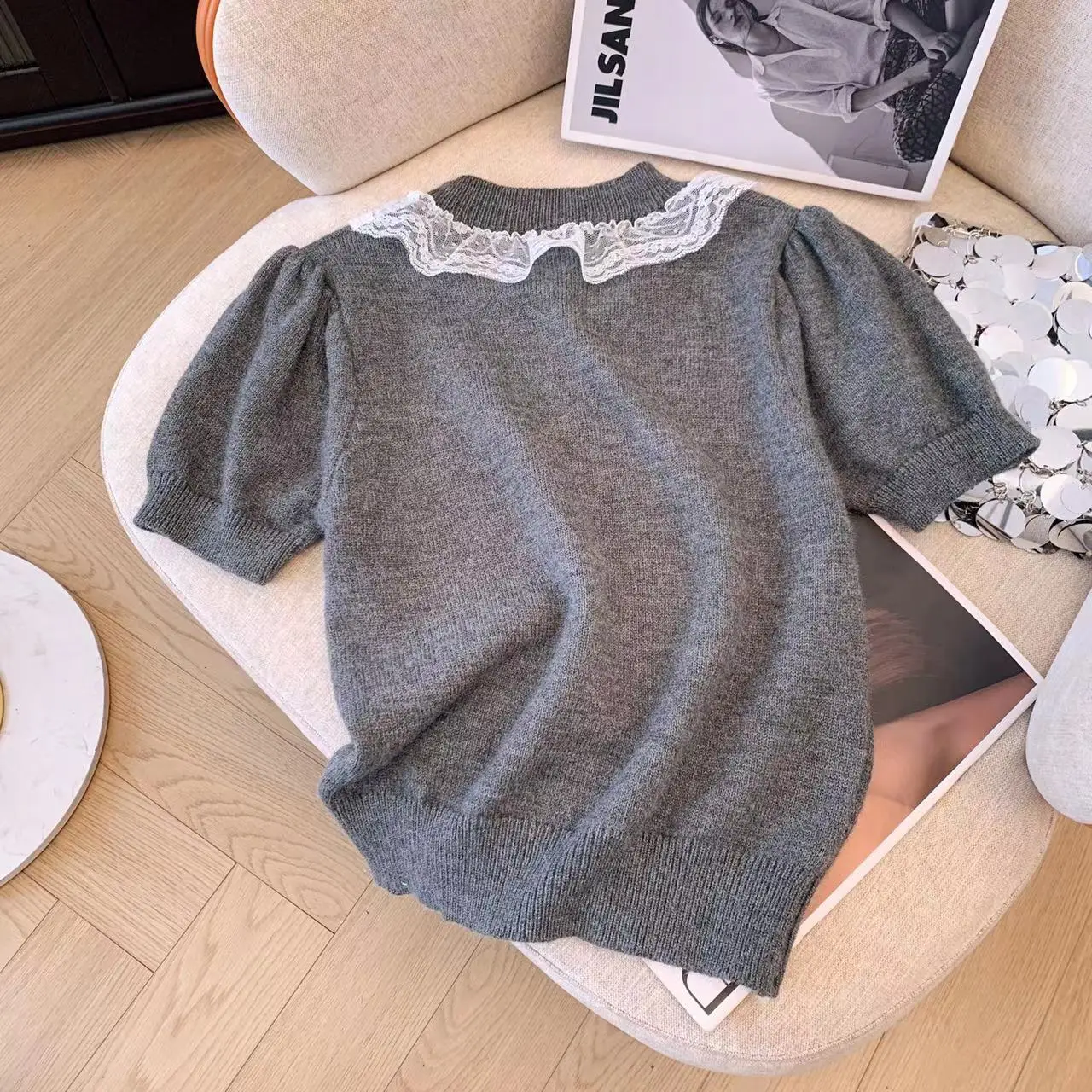 Grey Korean Style Sweater Pullovers Women Knitted Tops Short Sleeve Lace Bow O-neck Knitwear 2024 Summer Elegant Fashion Jumpers