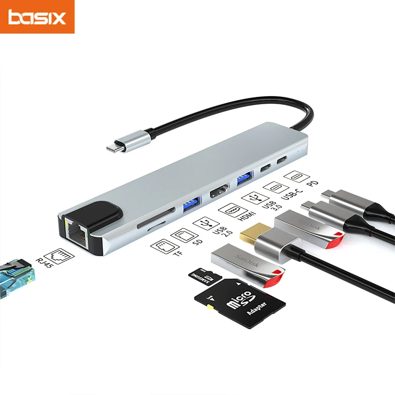 

Basix usb c hub adapter type c hub PD USB data USB3.0 2.0 SD TF HD-MI RJ45 New hub For Macbook Pro Air M1 M2 docking station