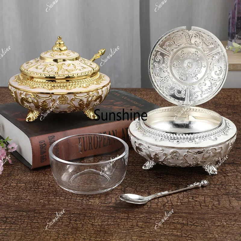 New Flip-lid Candy Jar Light Luxury European Style Seasoning Jar High-end Vintage Sugar Jar Kitchen Seasoning StorageA
