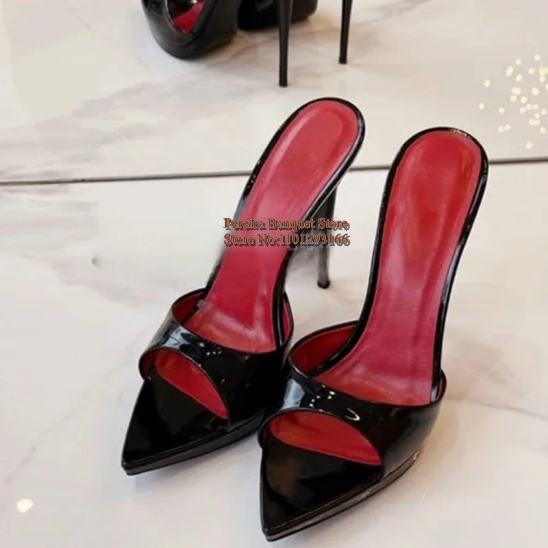 

Black Shinny High Heel Mules Stilettos Pointed Toe Platform Slippers Modern Slip-On Shallow Sandals Dress Shoes Burgundy White