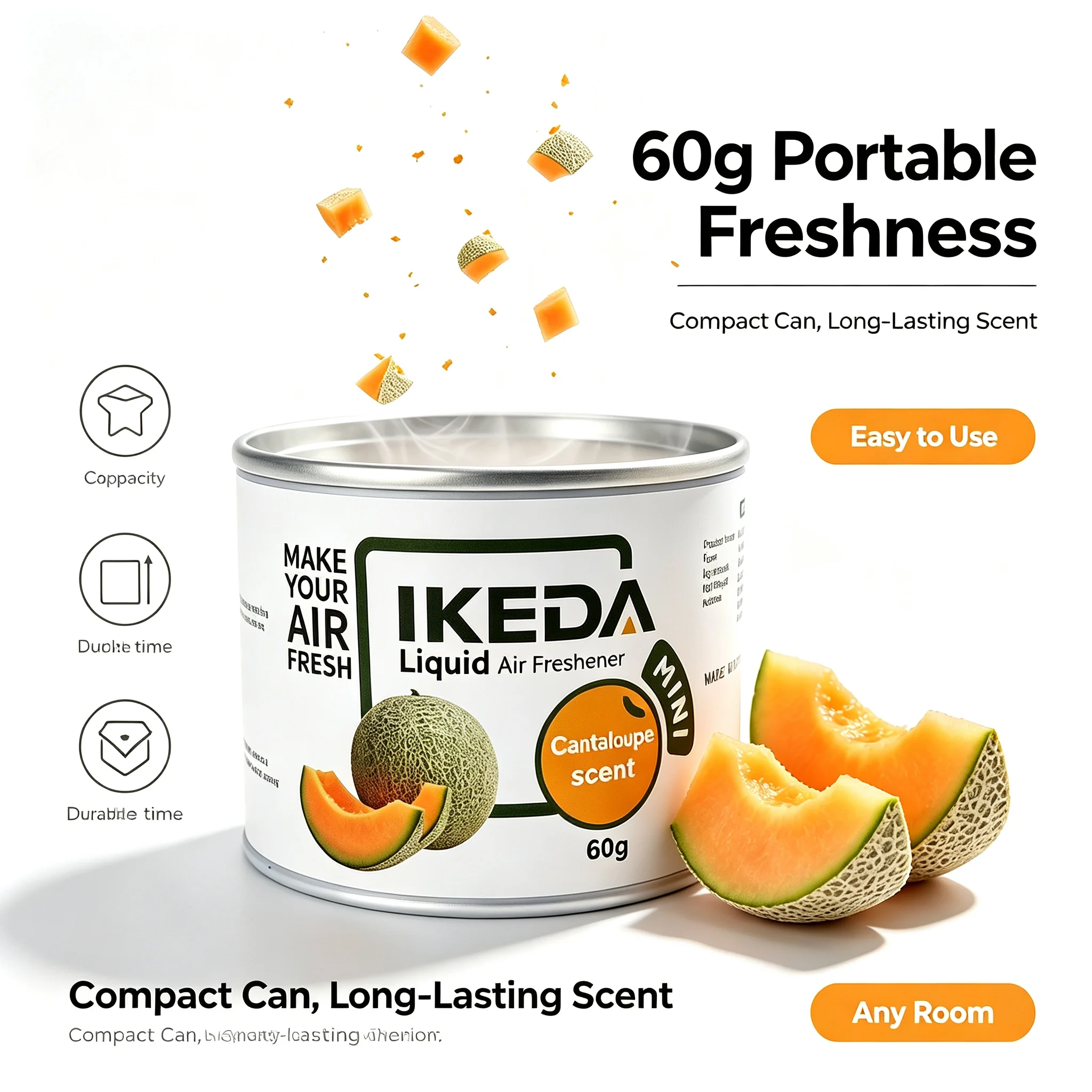 IKEDA 60g Portable Liquid Air Freshener Cantaloupe Scent Long Lasting Odor Eliminator for Car Home Office Mini Air Freshener