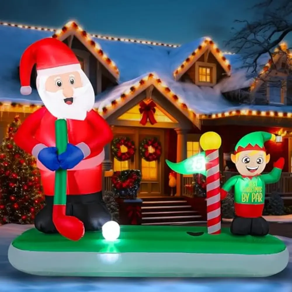 Christmas Inflatable Santa Claus Elf Golf Play Outdoor Decor LED Lights 5.6 FT x 6.7 FT Eye-catching Xmas Yard Decoration Easy