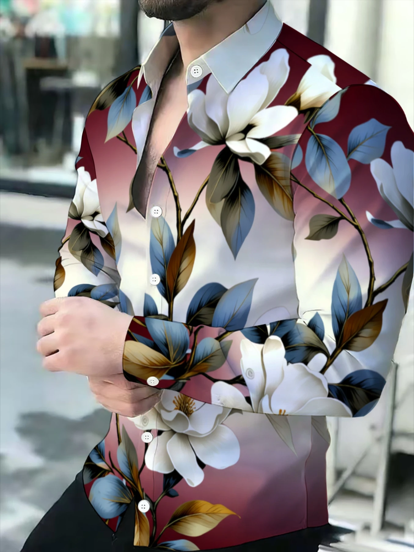 Men Lapel Collar Shirt Burgundy White Blooming Flower Leaf Art Graphic Polyester Long‑Sleeve Top