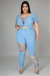 2023 Summer Sexy Women's Collarless Short Sleeve Pair with High Waist Pants Blue Set