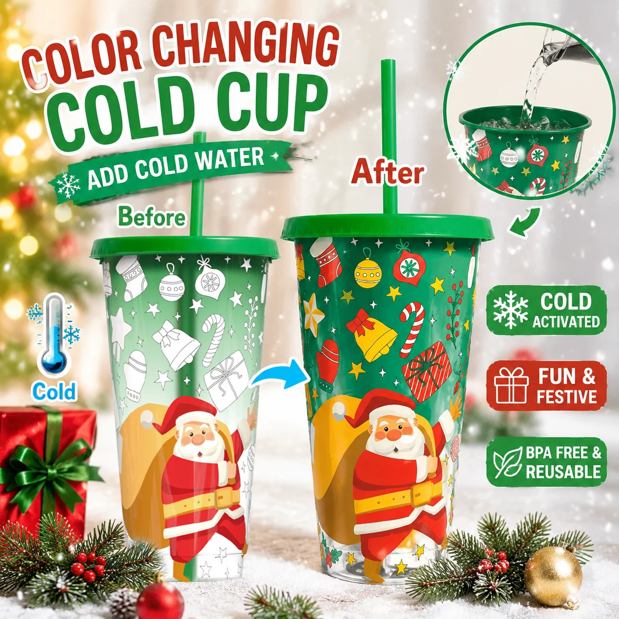 Christmas Color Changing Tumbler Cup Large Capacity Cold‑Sensitive Magic Drinking Cup with Straw Lid Santa Pattern Xmas Gift