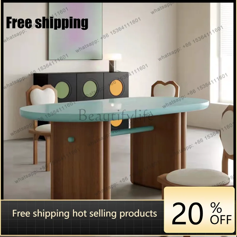 XX Nordic medieval dining table solid wood oval cream style small apartment, French style, meeting table and chairs